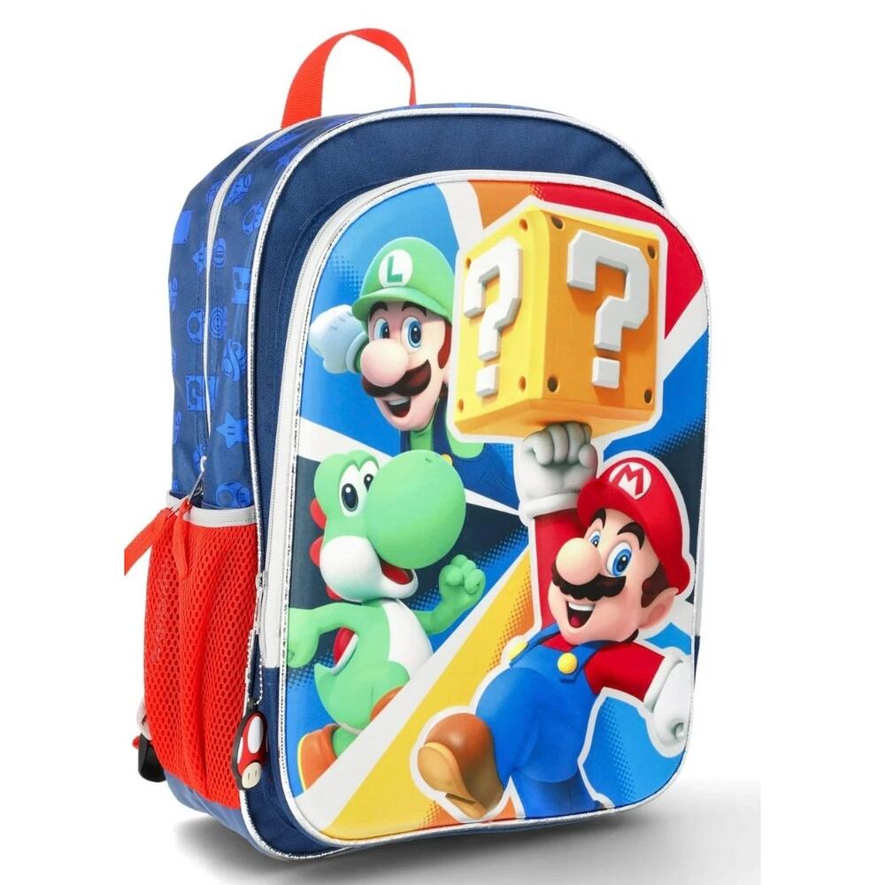 Super Mario Boys 3D 17" Padded Laptop Water Resistant Backpack NWT